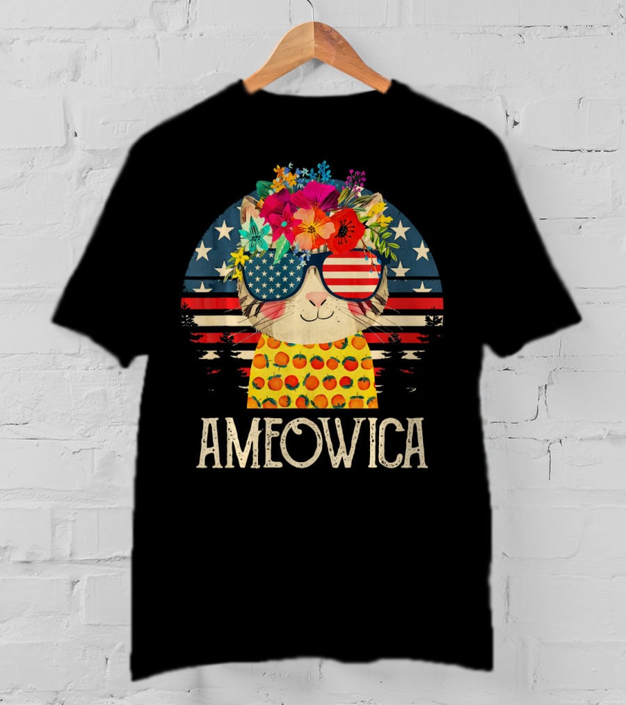 Ameowica Cute Cat With American Flag Glasses And Floral Crown T-Shirt