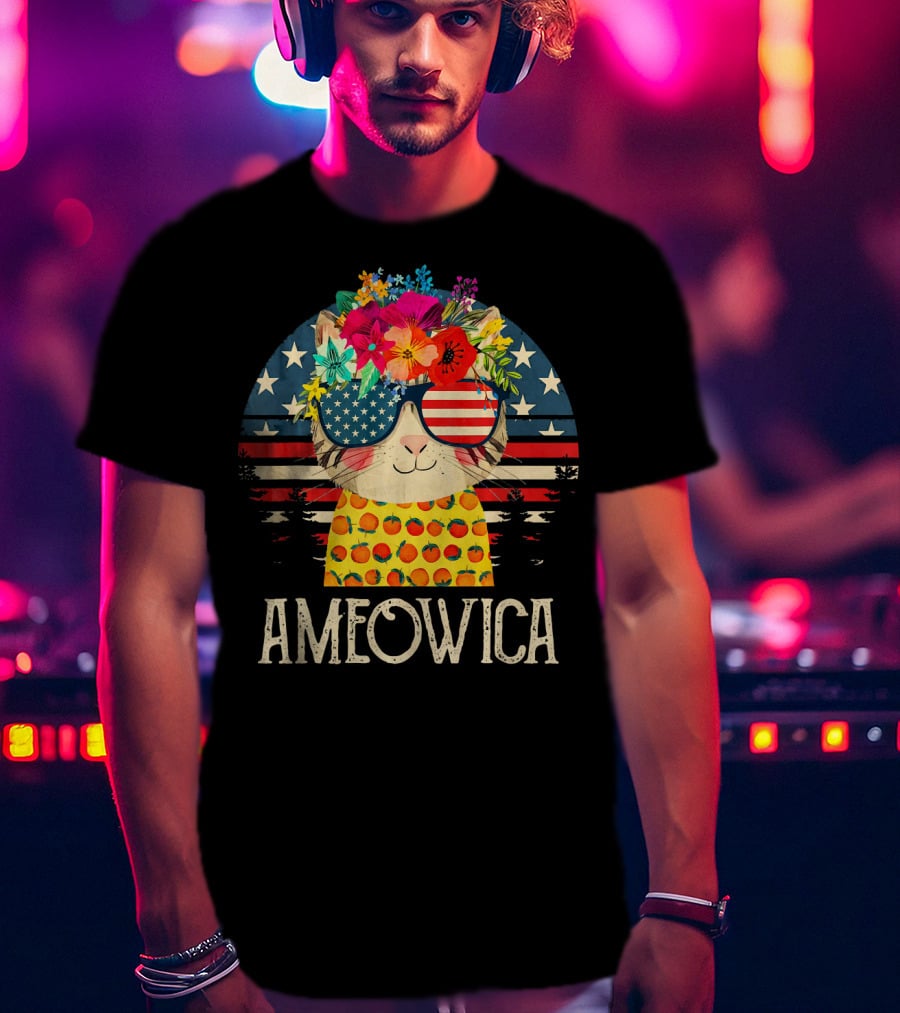Ameowica Cute Cat With American Flag Glasses And Floral Crown T-Shirt