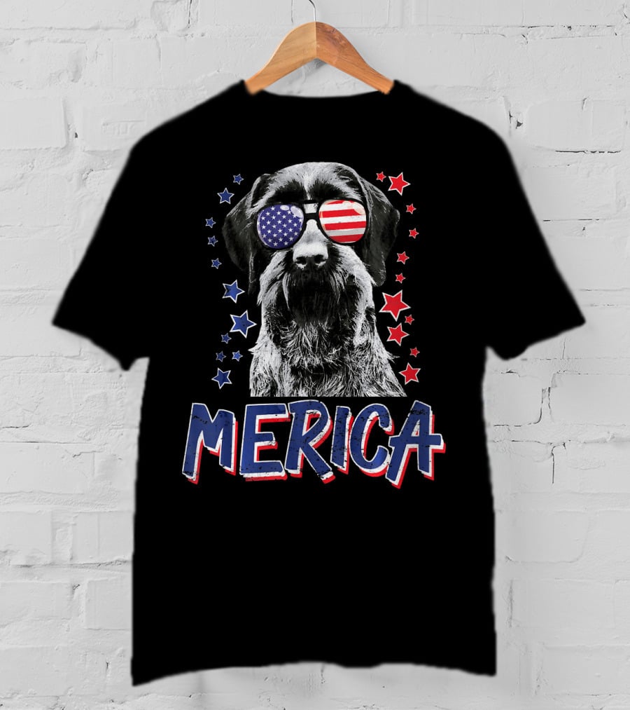 Merica German Wirehaired Pointer Dog With American Flag Sunglasses And Stars T-Shirt