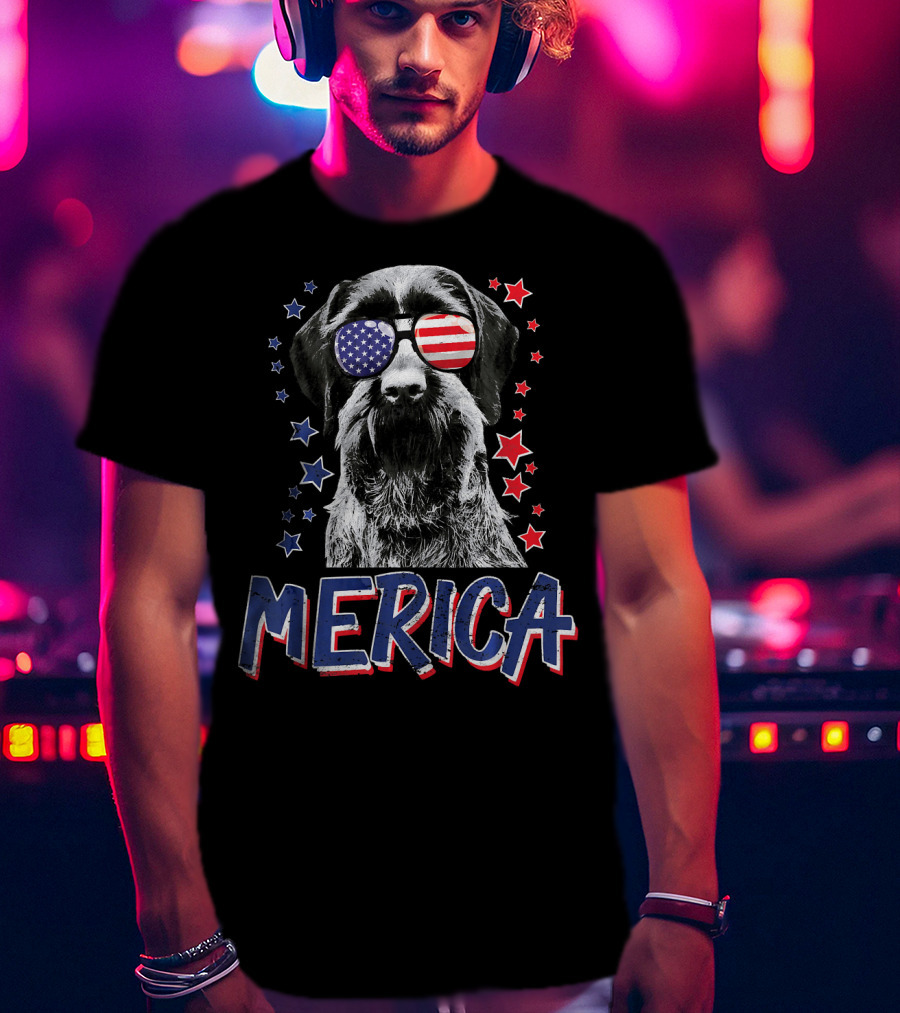Merica German Wirehaired Pointer Dog With American Flag Sunglasses And Stars T-Shirt