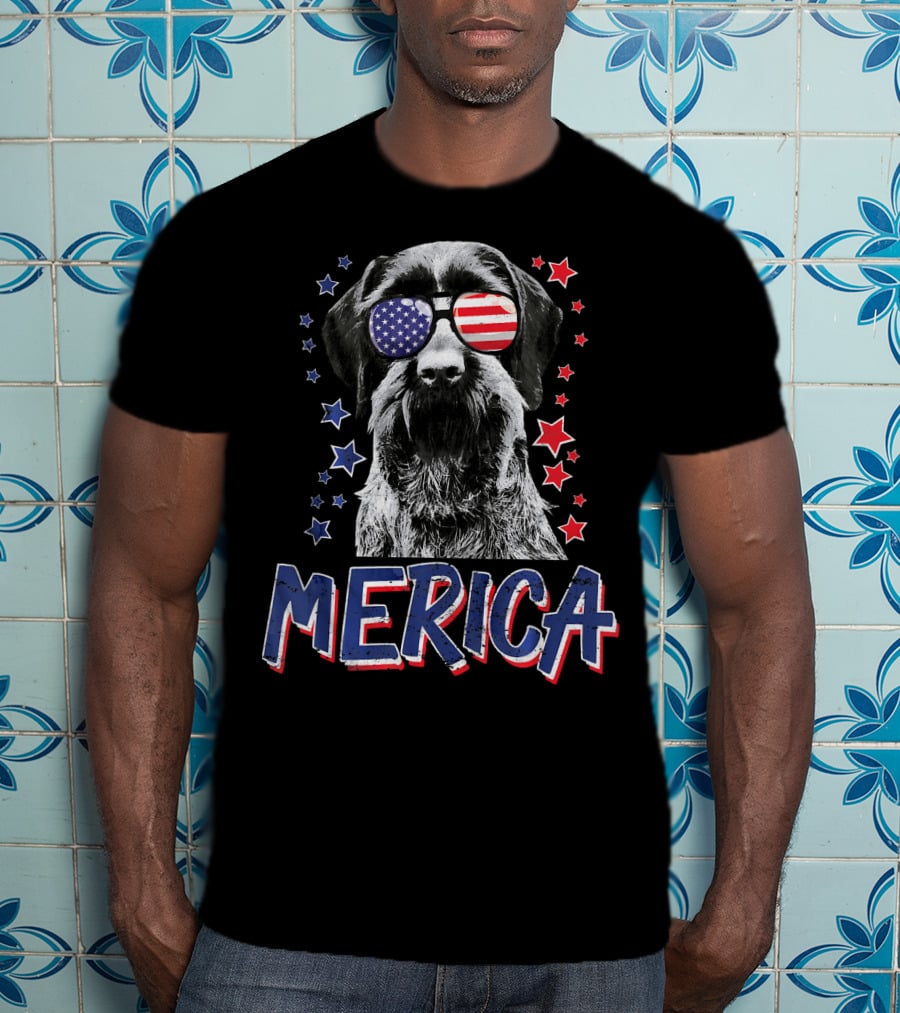 Merica German Wirehaired Pointer Dog With American Flag Sunglasses And Stars T-Shirt