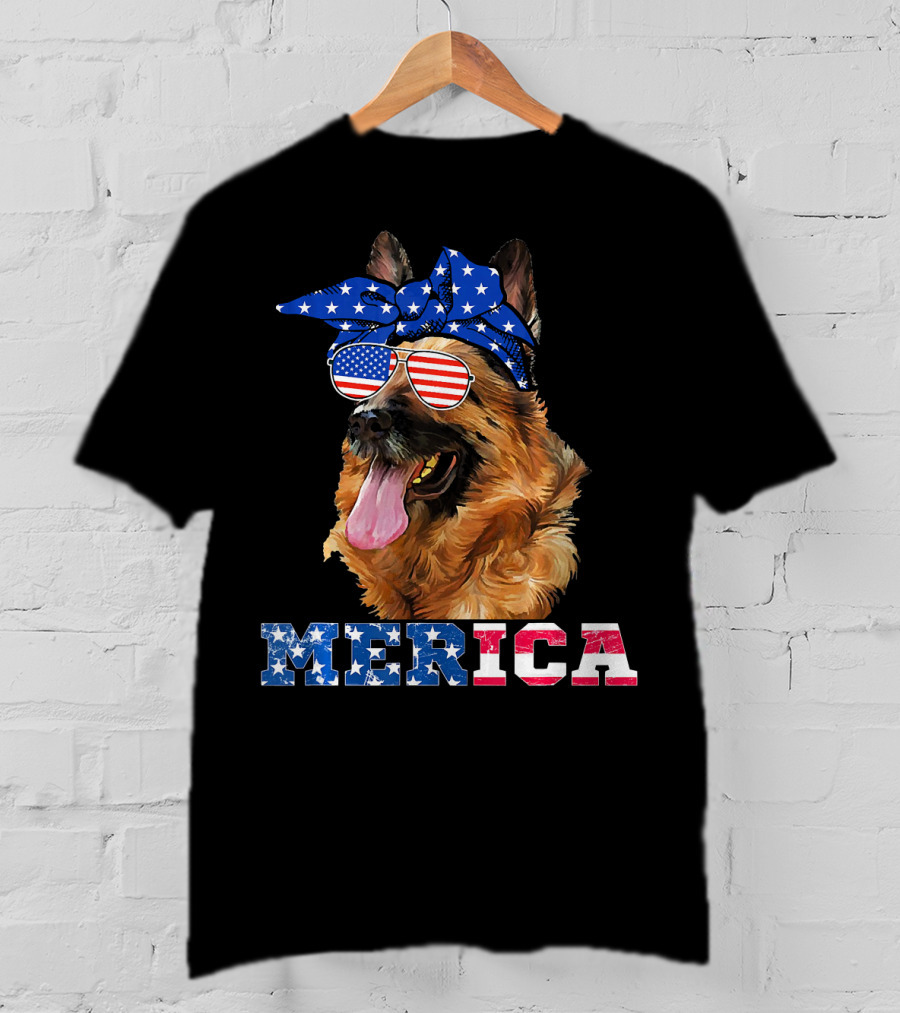 Merica German Shepherd Bandana Sunglasses American Flag T-Shirt