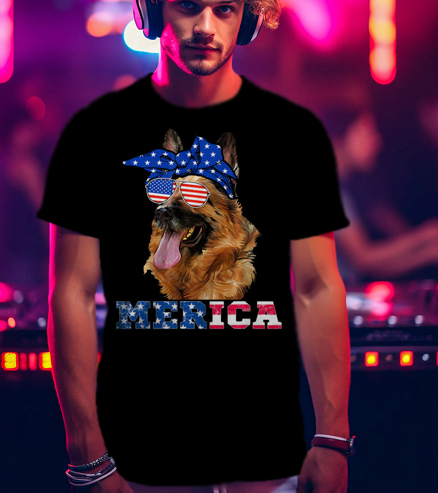 Merica German Shepherd Bandana Sunglasses American Flag T-Shirt