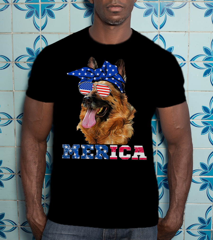 Merica German Shepherd Bandana Sunglasses American Flag T-Shirt