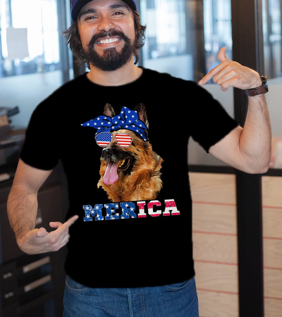 Merica German Shepherd Bandana Sunglasses American Flag T-Shirt