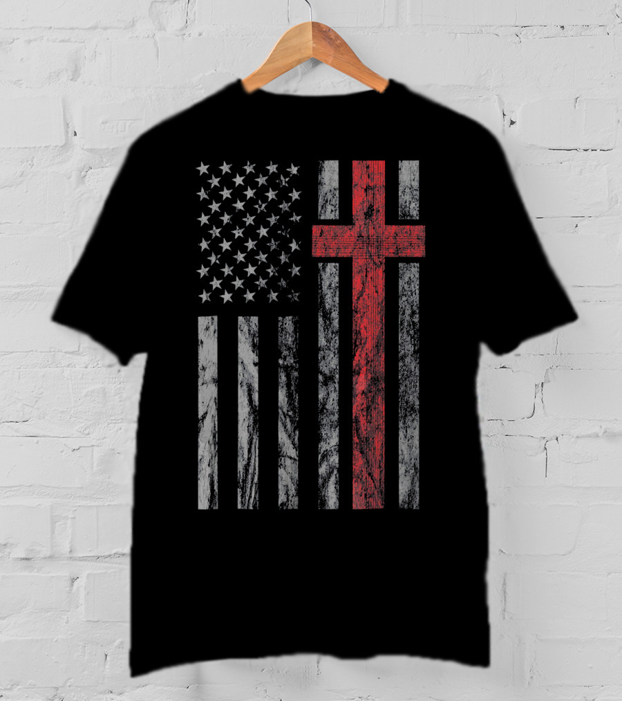 Vintage Distressed USA Flag With Red Christian Cross T-Shirt
