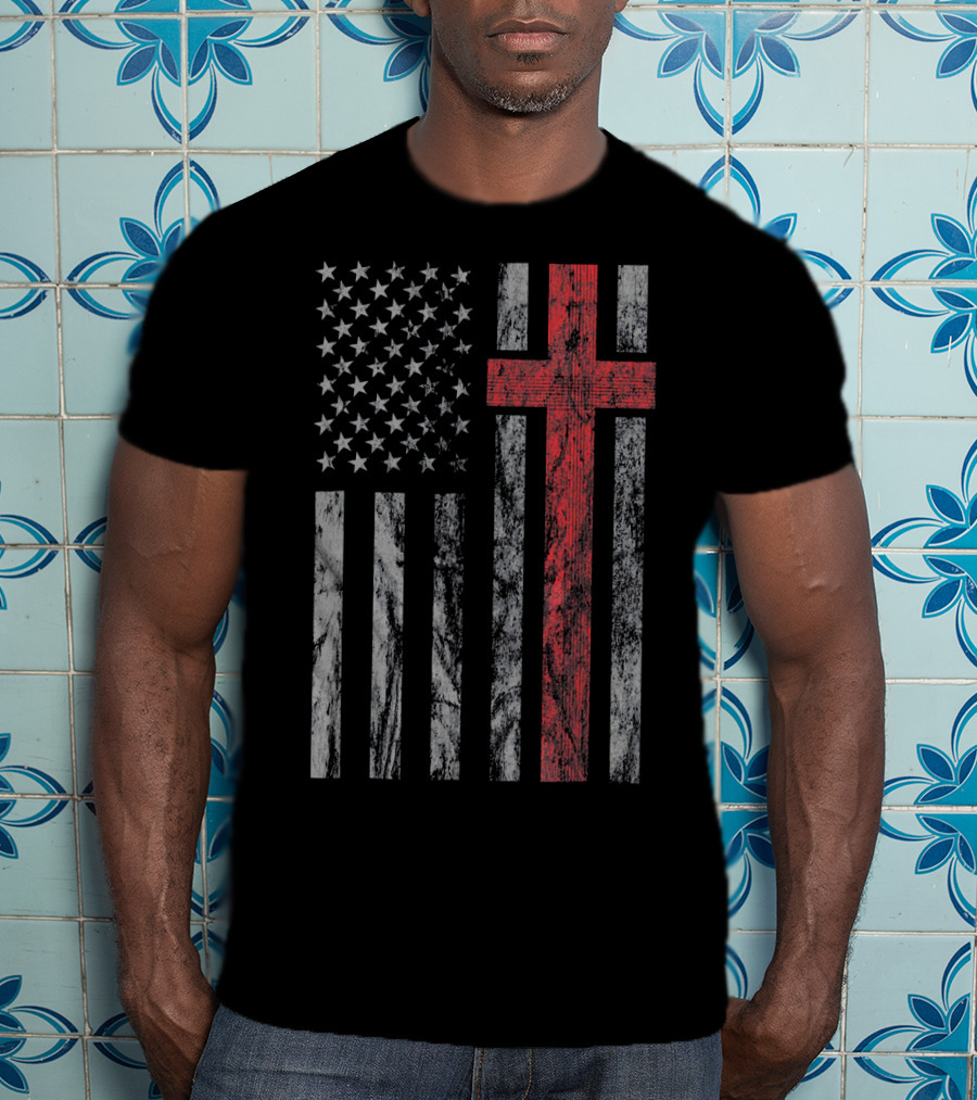 Vintage Distressed USA Flag With Red Christian Cross T-Shirt