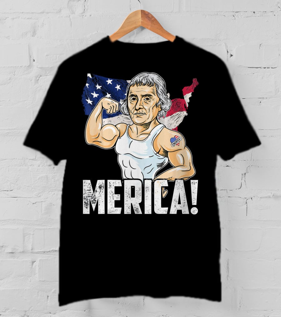 Thomas Jefferson Flexing Muscles Merica USA Flag T-Shirt