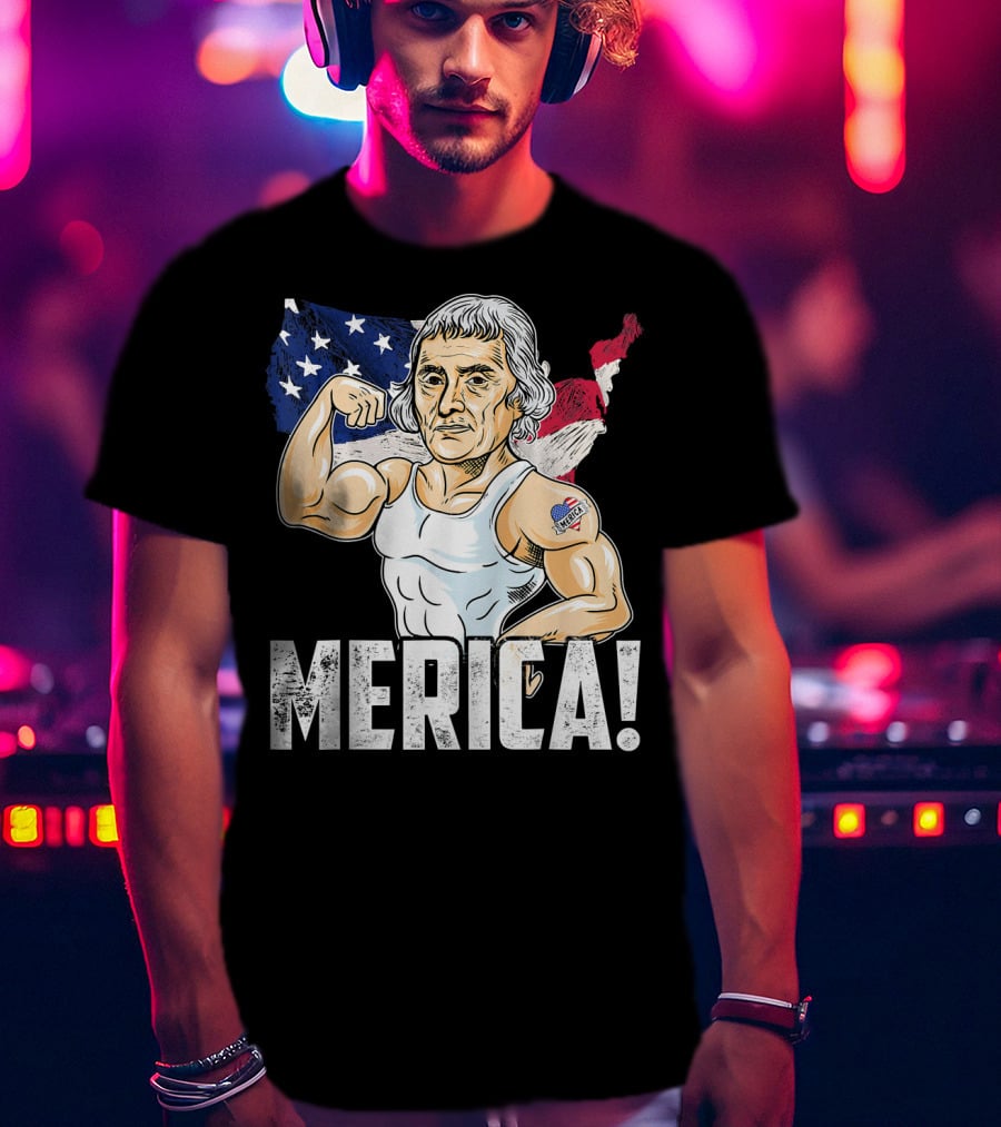 Thomas Jefferson Flexing Muscles Merica USA Flag T-Shirt