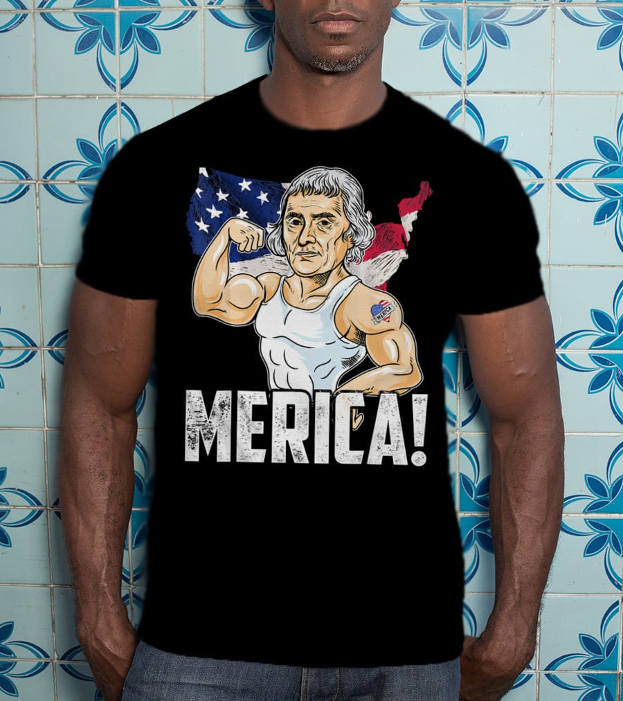 Thomas Jefferson Flexing Muscles Merica USA Flag T-Shirt
