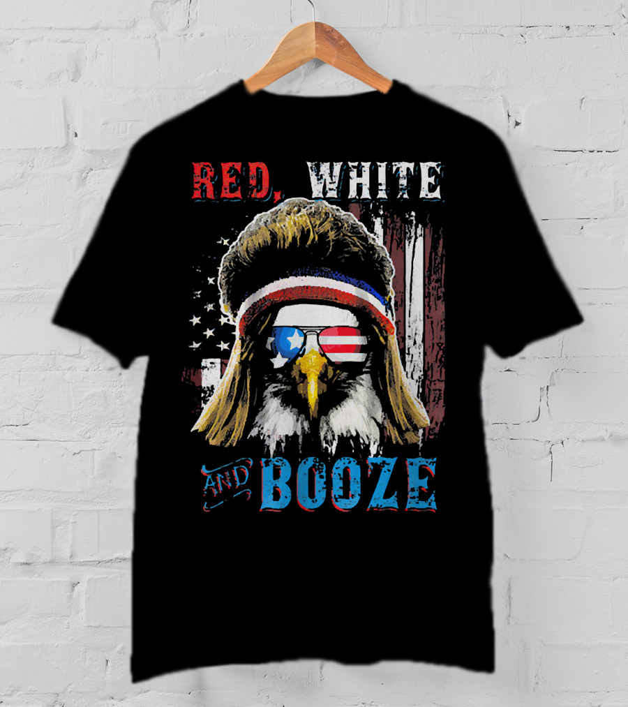 Red White And Booze America Flag Eagle With Sunglasses And Headband T-Shirt