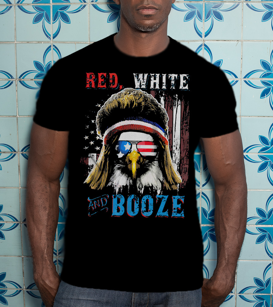 Red White And Booze America Flag Eagle With Sunglasses And Headband T-Shirt