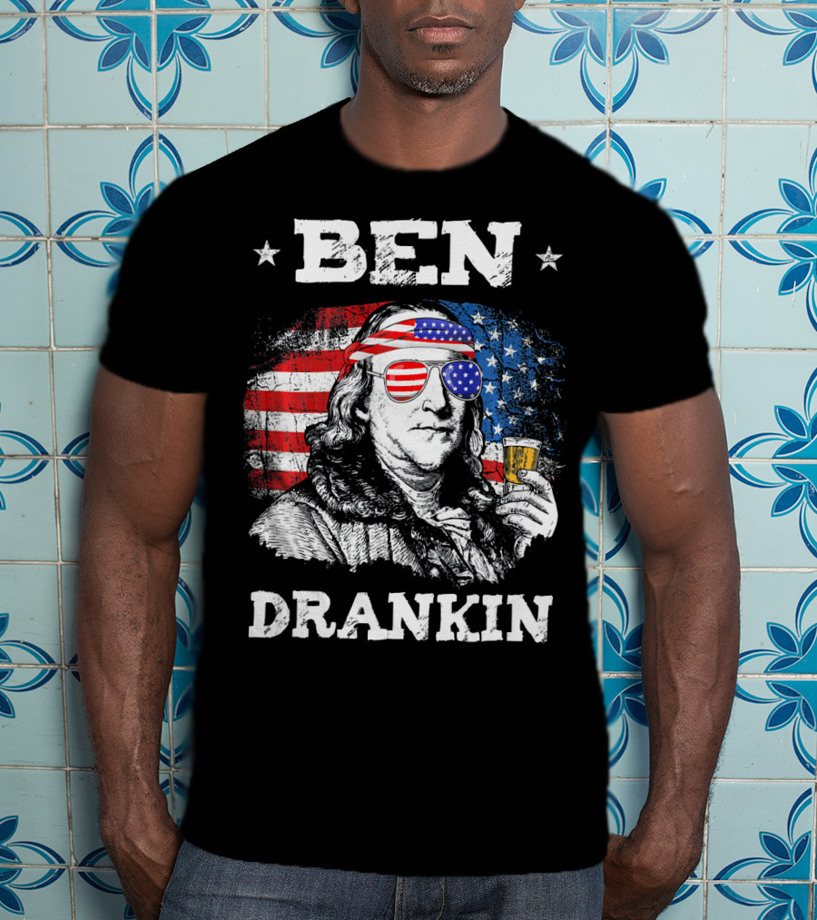 Ben Drankin Benjamin Franklin With American Flag Bandana And Sunglasses T-Shirt