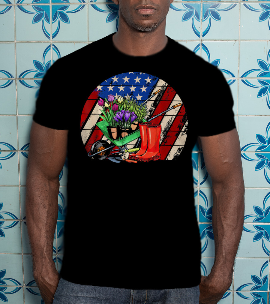 Vintage American Flag Gardening Scene With Wheelbarrow And Red Boots T-Shirt