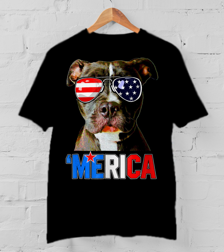 Pitbull 'Merica Memorial Day Patriotic USA Sunglasses T-Shirt