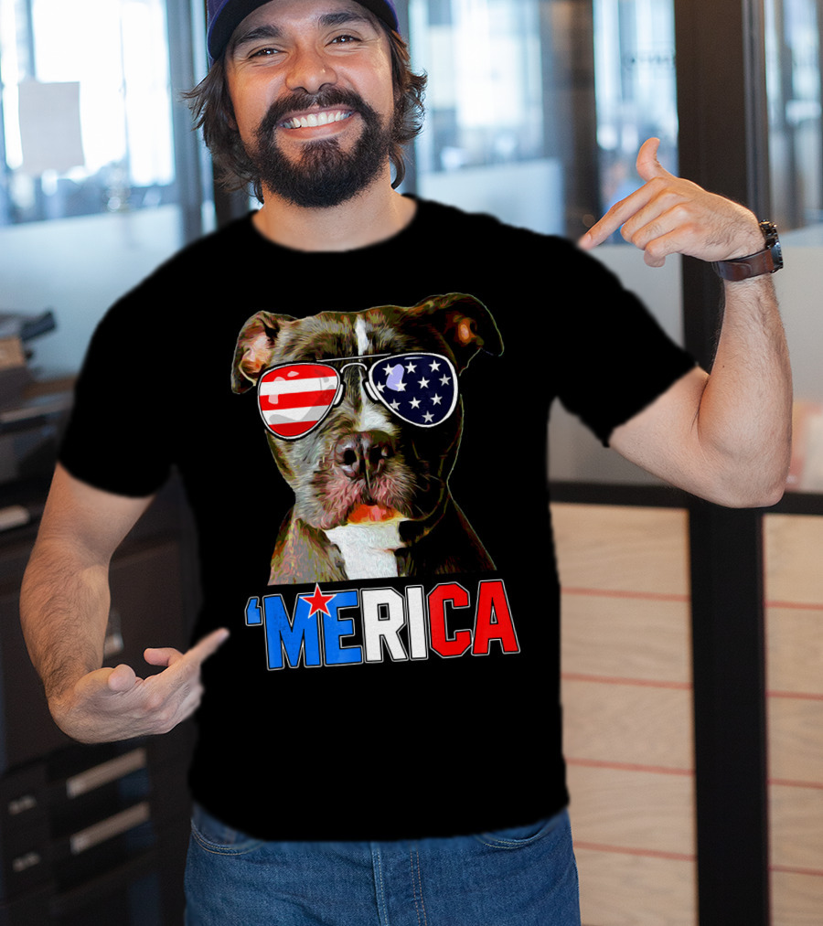 Pitbull 'Merica Memorial Day Patriotic USA Sunglasses T-Shirt