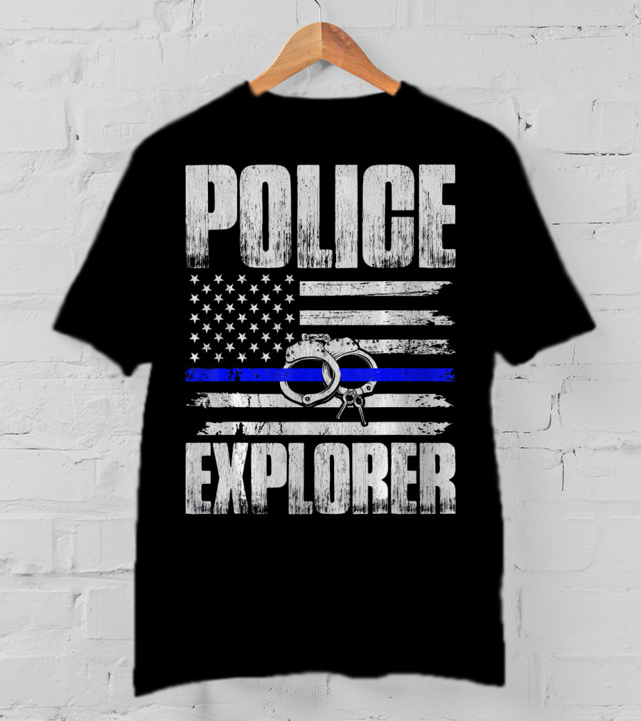 Police Explorer American Flag Handcuffs Thin Blue Line T-Shirt