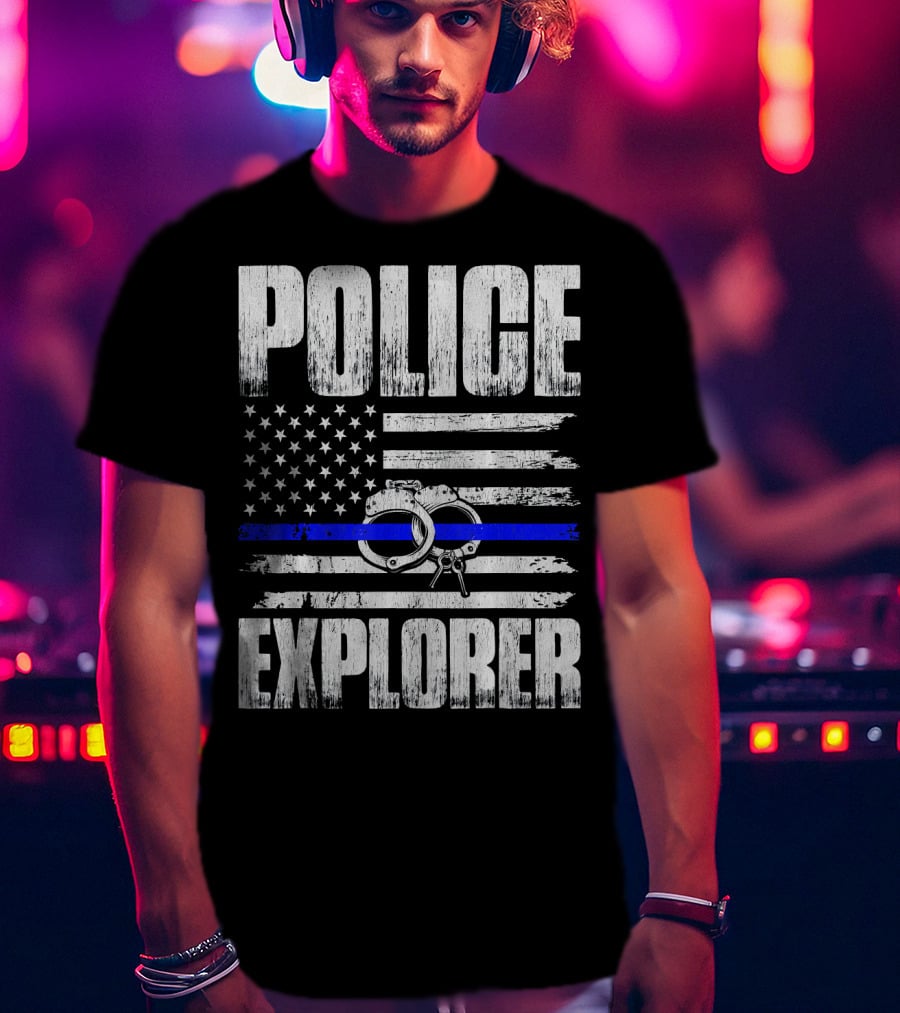 Police Explorer American Flag Handcuffs Thin Blue Line T-Shirt