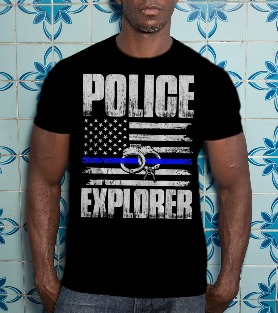 Police Explorer American Flag Handcuffs Thin Blue Line T-Shirt