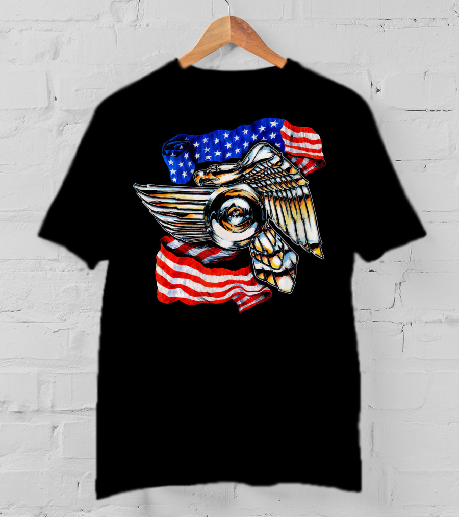American Motorcycle Biker Eagle Emblem With Flag Wings T-Shirt