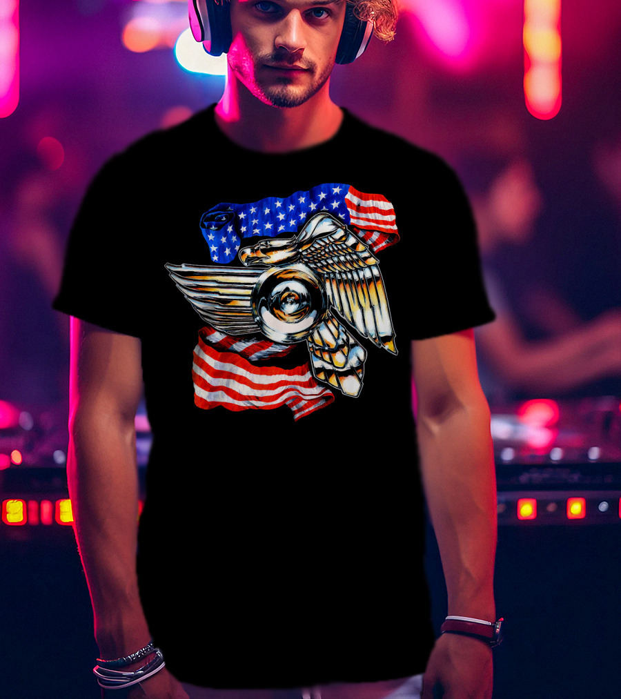 American Motorcycle Biker Eagle Emblem With Flag Wings T-Shirt
