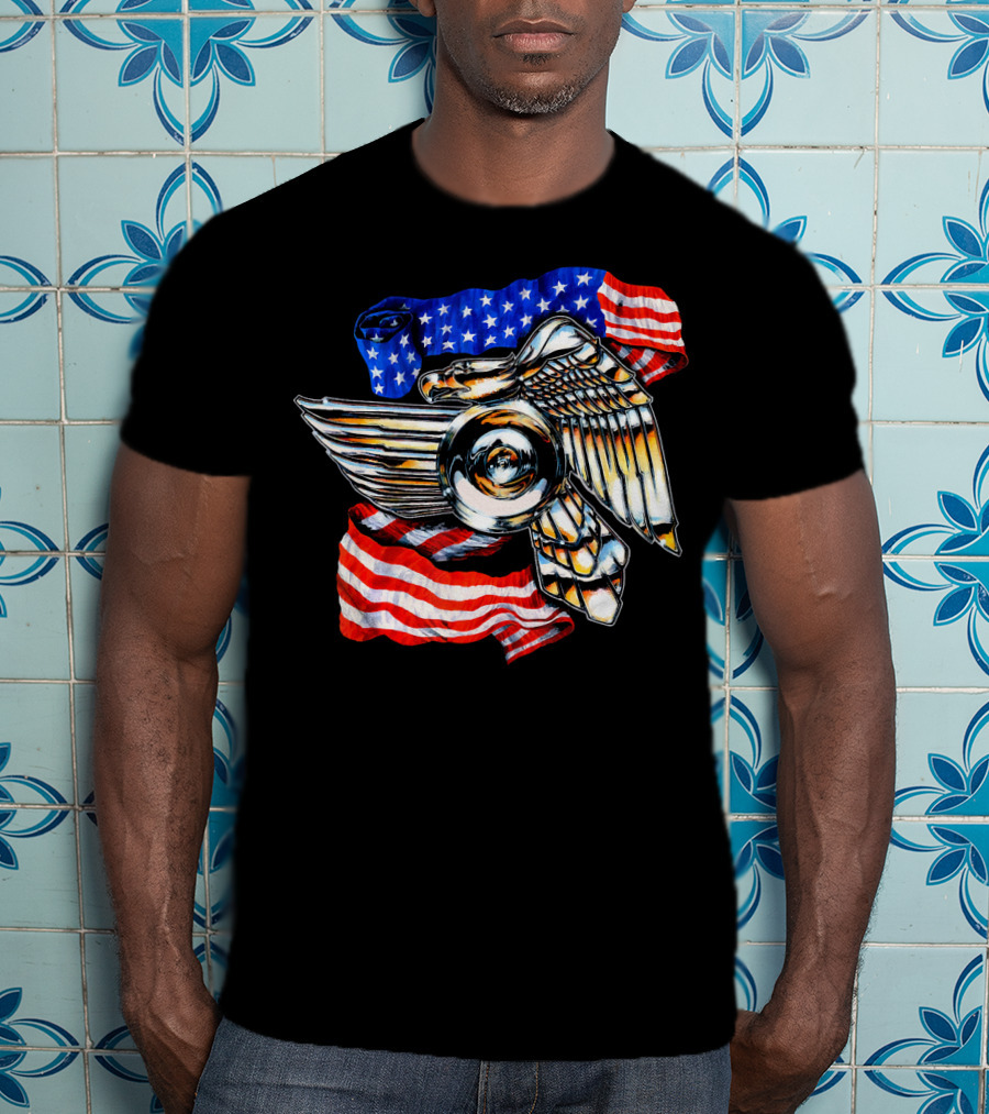 American Motorcycle Biker Eagle Emblem With Flag Wings T-Shirt