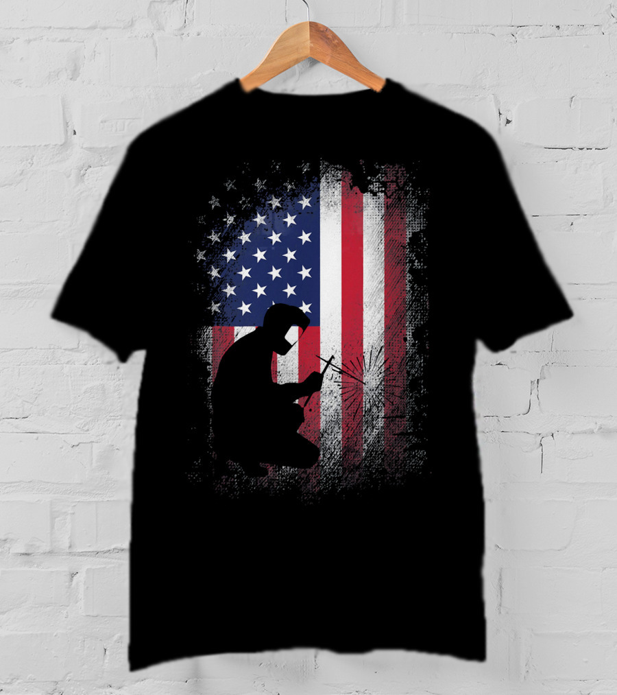 Welder Silhouette With American Flag USA Patriotic T-Shirt