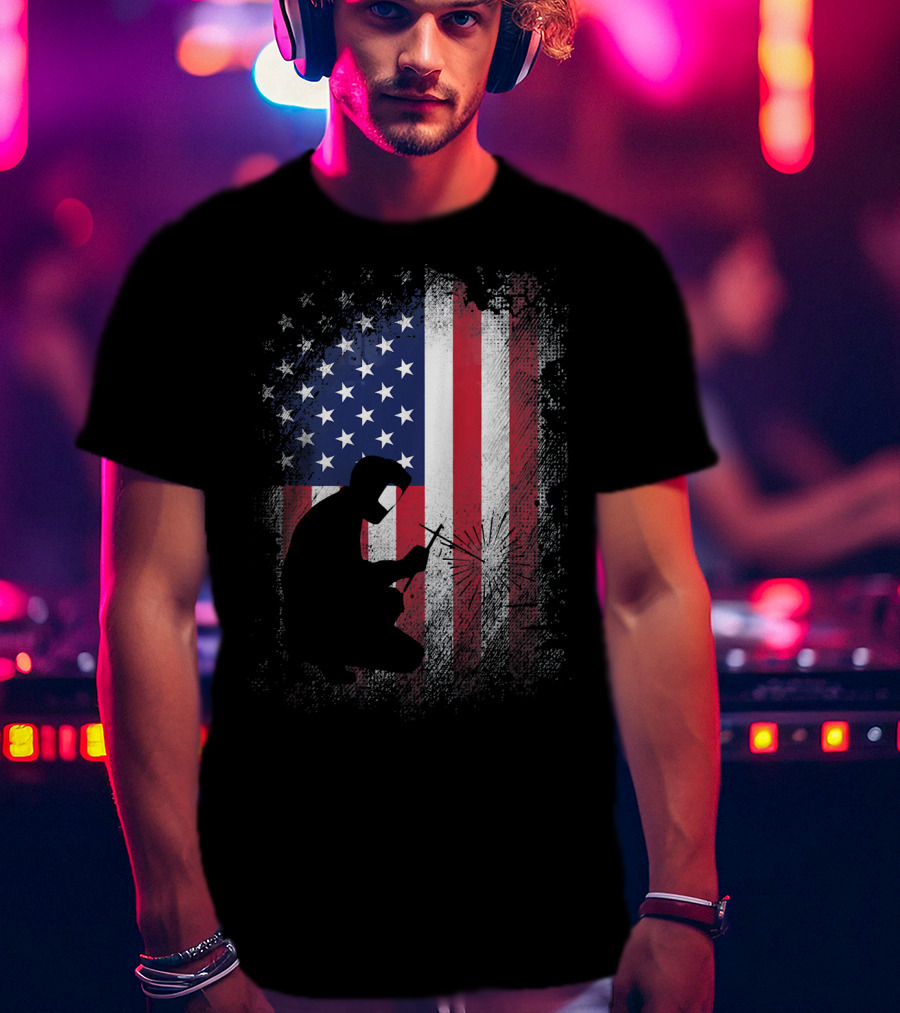 Welder Silhouette With American Flag USA Patriotic T-Shirt