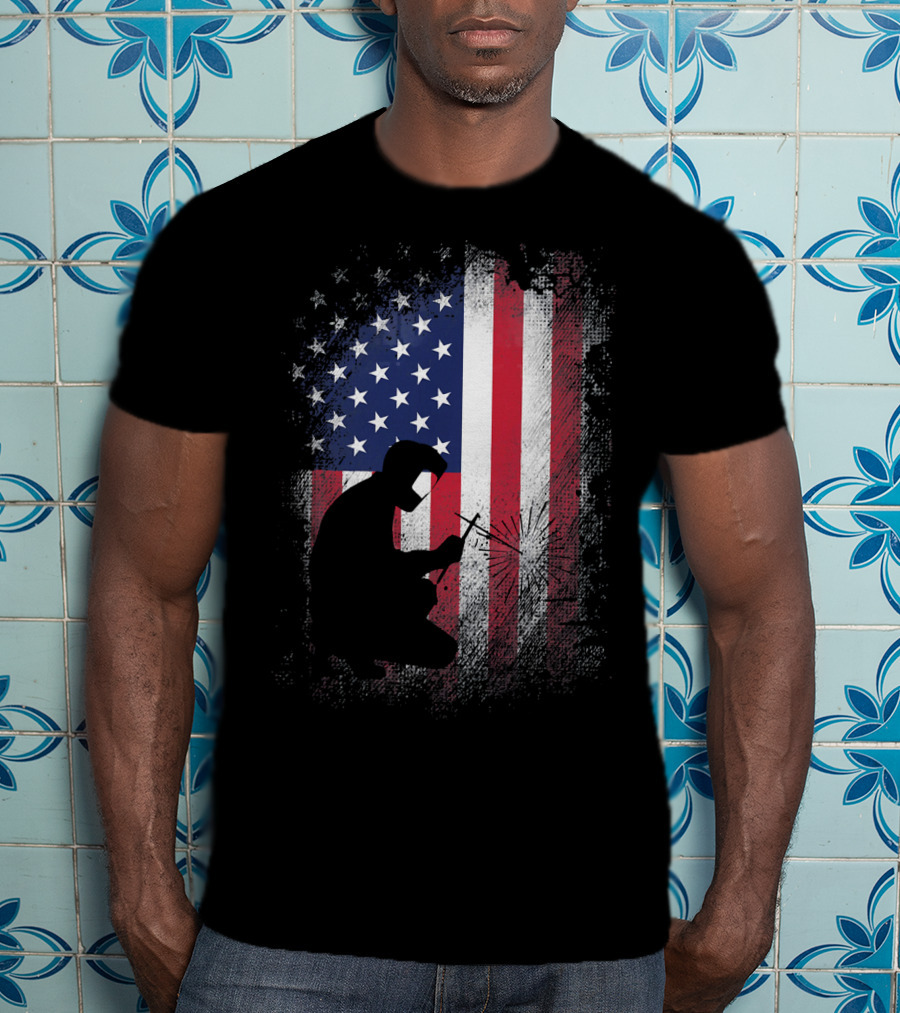 Welder Silhouette With American Flag USA Patriotic T-Shirt