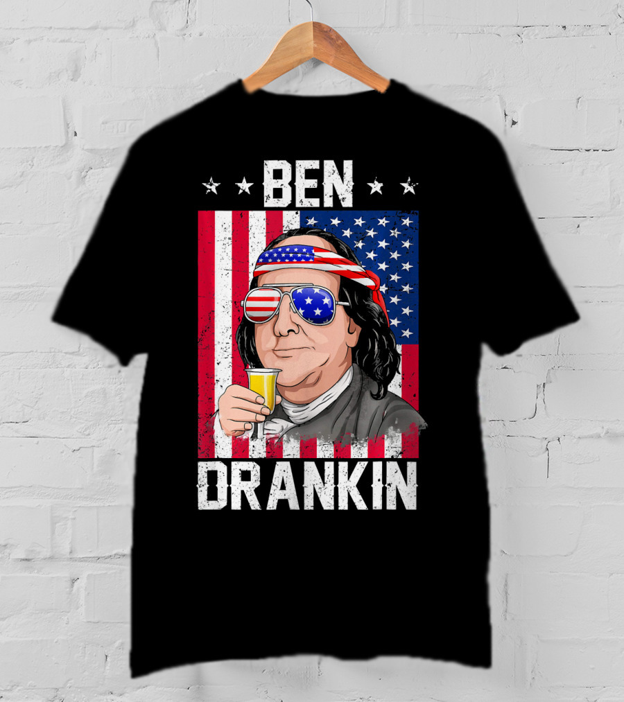 Ben Drankin American Flag Shades And Stars With Beer T-Shirt