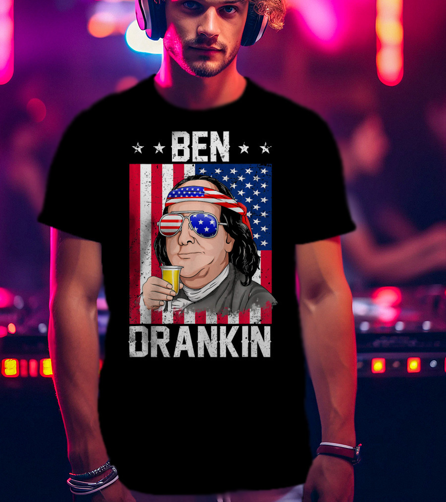 Ben Drankin American Flag Shades And Stars With Beer T-Shirt