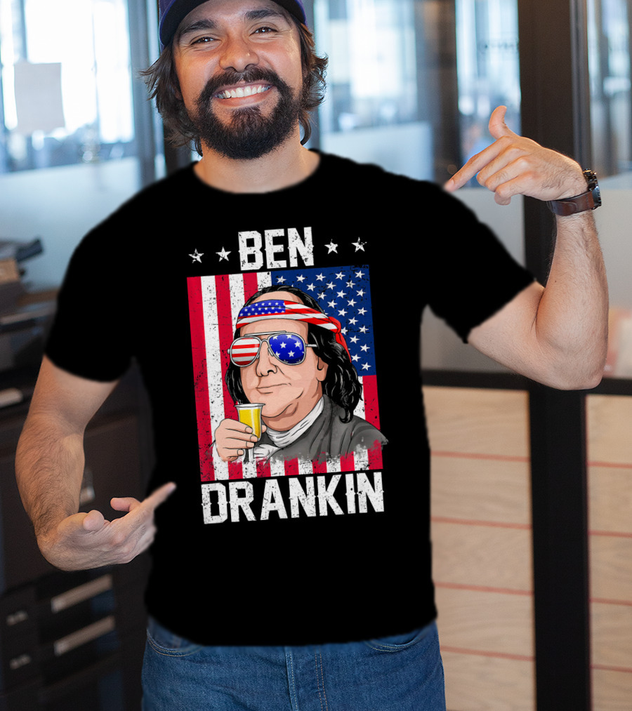 Ben Drankin American Flag Shades And Stars With Beer T-Shirt