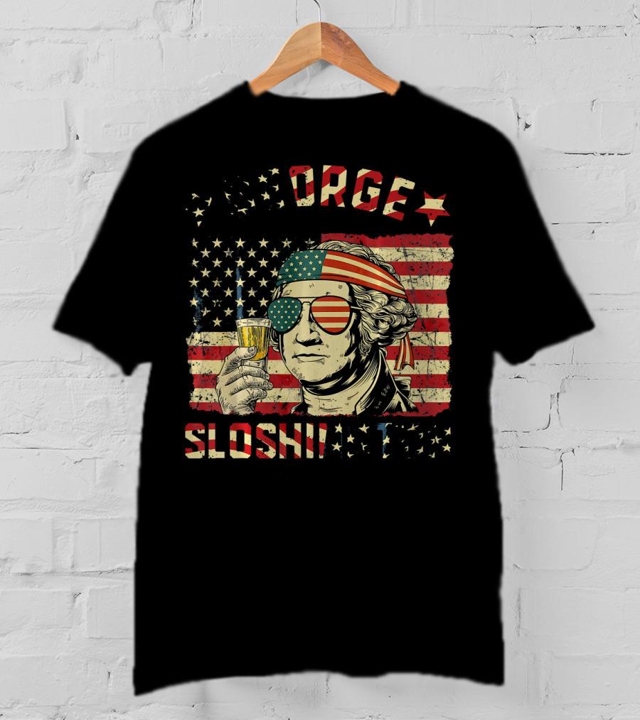 George Sloshington American Flag Aviator With Beer And Headband T-Shirt