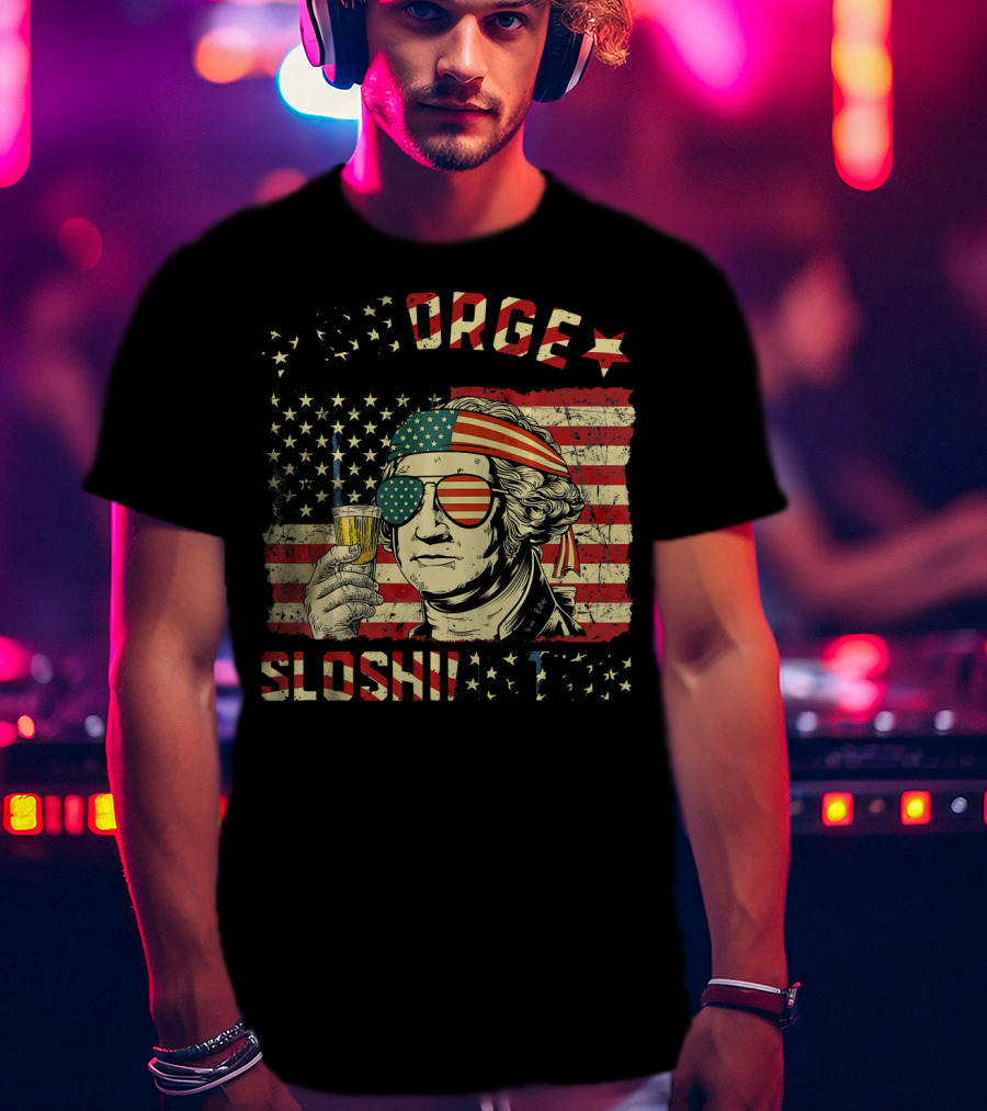 George Sloshington American Flag Aviator With Beer And Headband T-Shirt