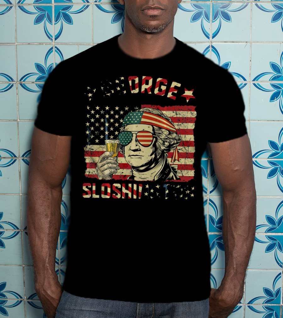 George Sloshington American Flag Aviator With Beer And Headband T-Shirt