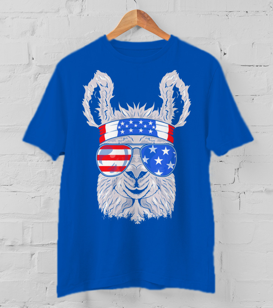 Patriotic Llama With American Flag Sunglasses And Headband For USA Independence Day T-Shirt
