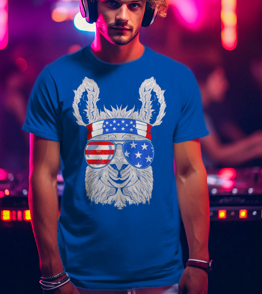 Patriotic Llama With American Flag Sunglasses And Headband For USA Independence Day T-Shirt