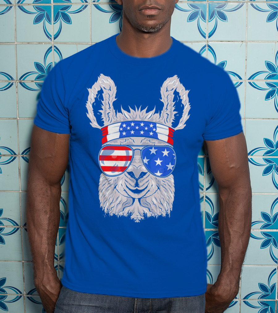 Patriotic Llama With American Flag Sunglasses And Headband For USA Independence Day T-Shirt