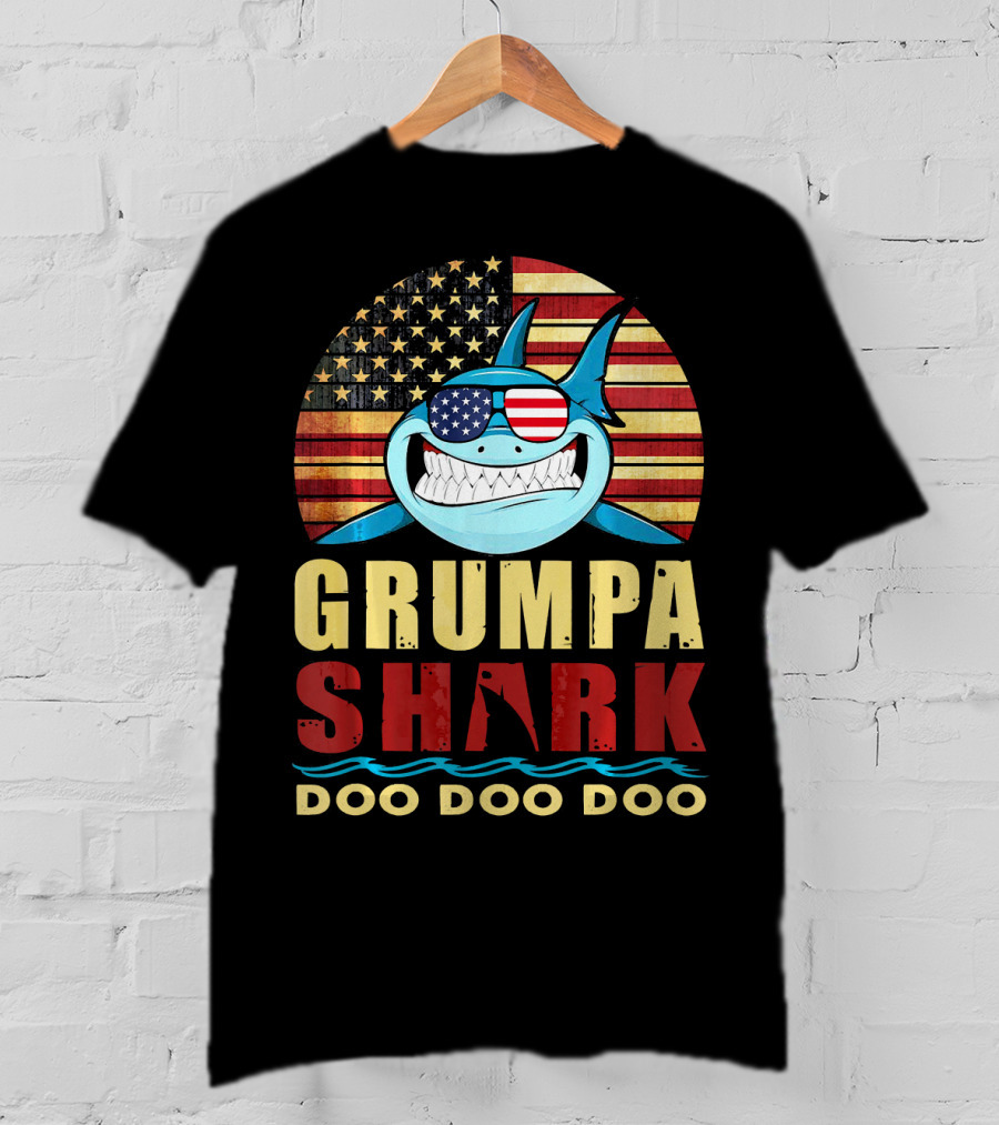 Grumpa Shark Doo Doo Doo American Flag T-Shirt