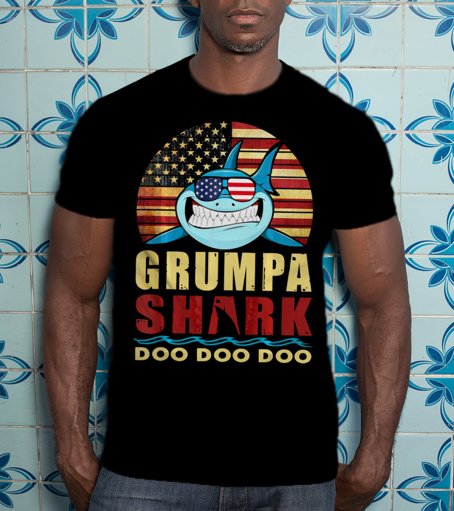 Grumpa Shark Doo Doo Doo American Flag T-Shirt