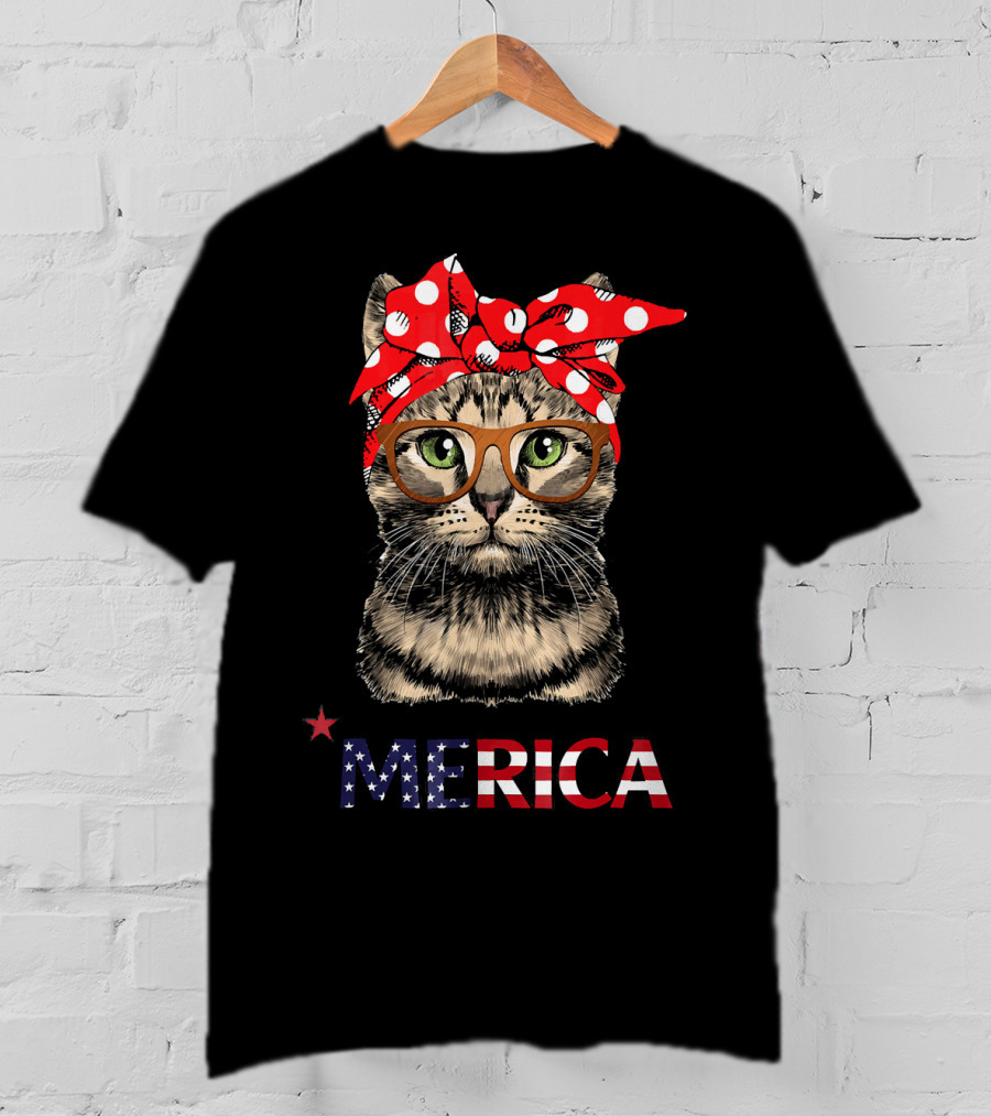 Merica Cat Red Bandana USA Flag Glasses T-Shirt