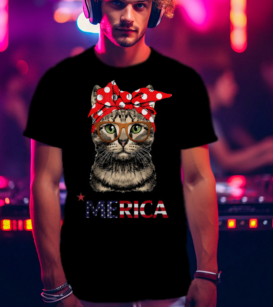 Merica Cat Red Bandana USA Flag Glasses T-Shirt
