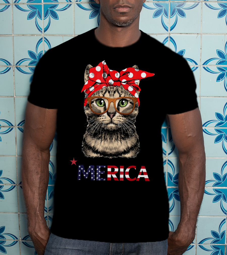 Merica Cat Red Bandana USA Flag Glasses T-Shirt