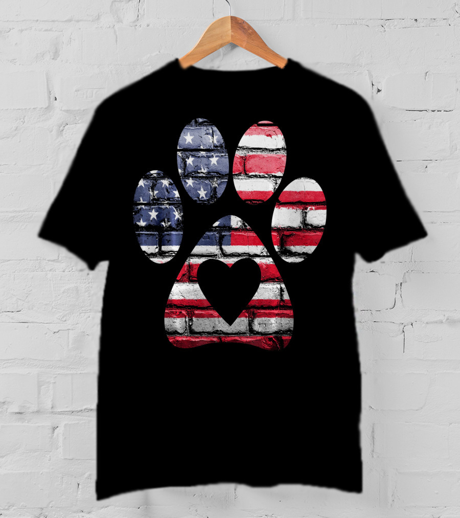 Patriotic Dog Paw With American Flag Heart T-Shirt