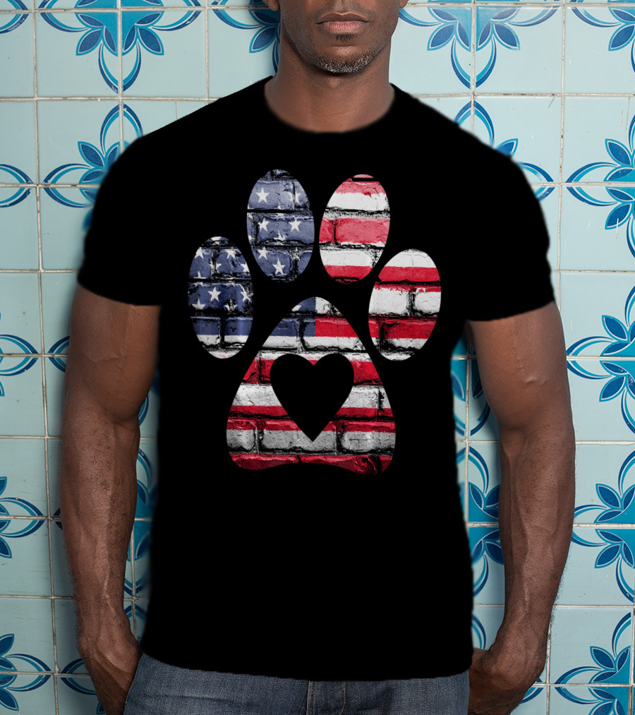 Patriotic Dog Paw With American Flag Heart T-Shirt