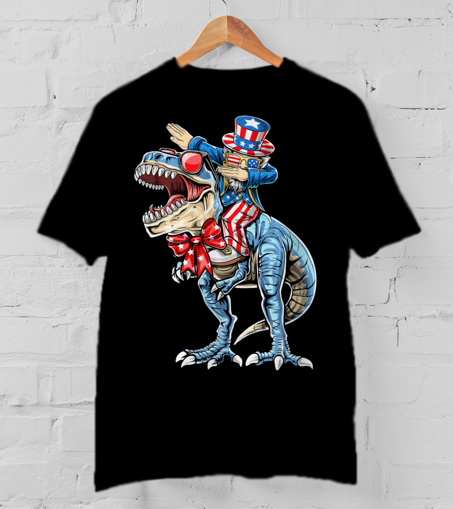 Dabbing Uncle Sam On Dinosaur With Patriotic Stars And Stripes Hat And Sunglasses T-Shirt