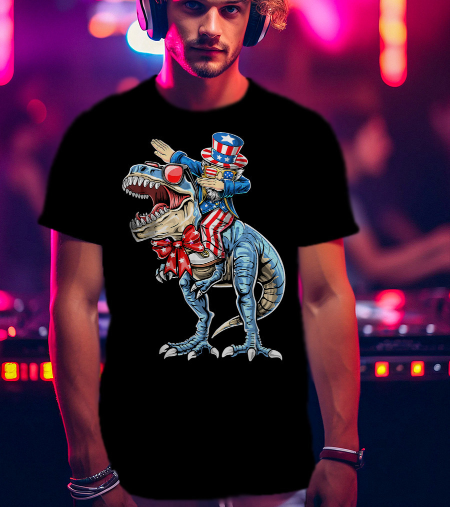 Dabbing Uncle Sam On Dinosaur With Patriotic Stars And Stripes Hat And Sunglasses T-Shirt