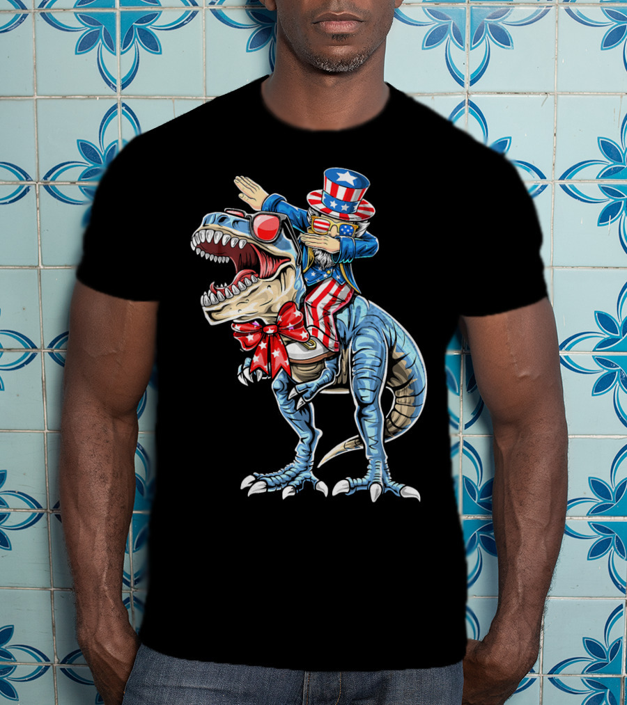 Dabbing Uncle Sam On Dinosaur With Patriotic Stars And Stripes Hat And Sunglasses T-Shirt