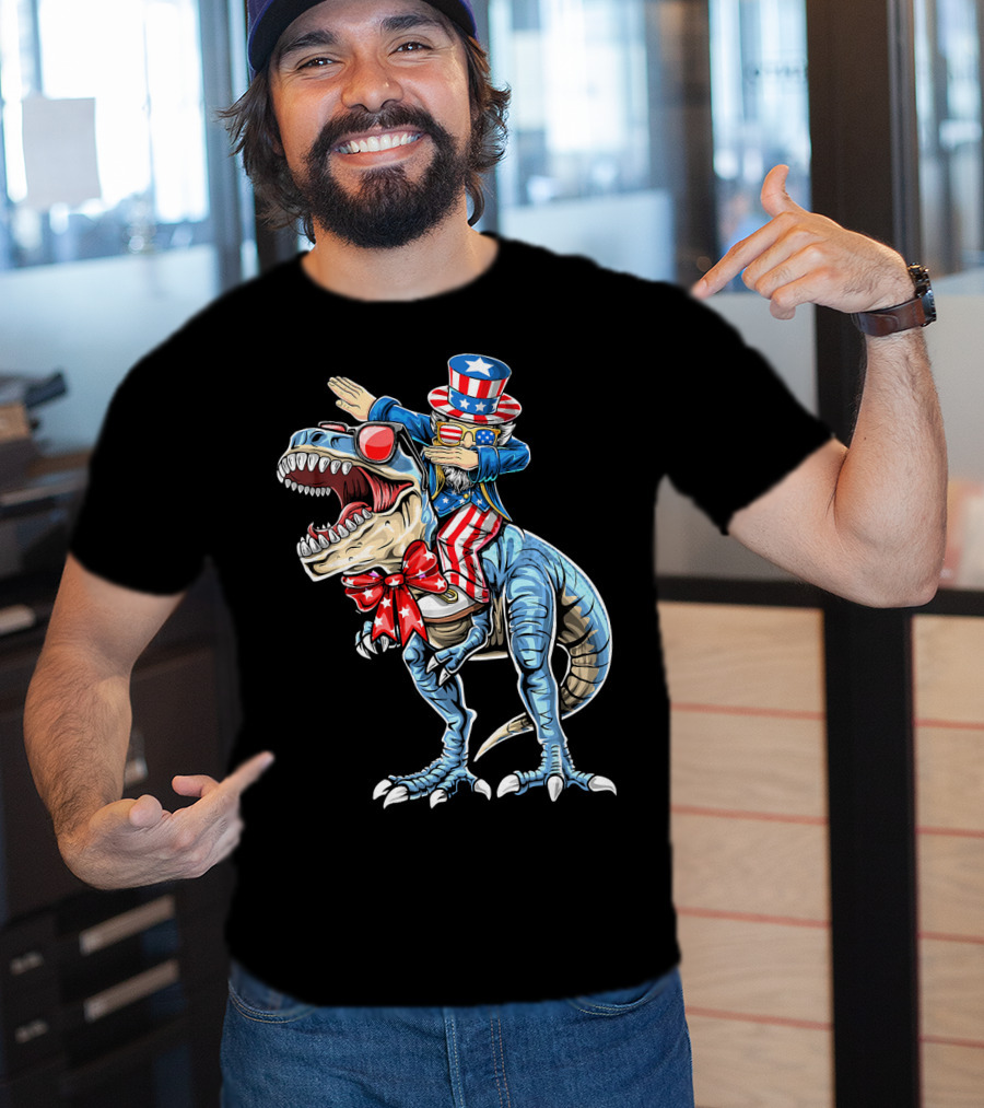 Dabbing Uncle Sam On Dinosaur With Patriotic Stars And Stripes Hat And Sunglasses T-Shirt