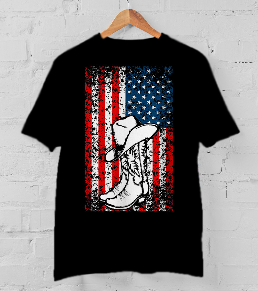 Cowboy Hat Boots American Flag Patriotic T-Shirt